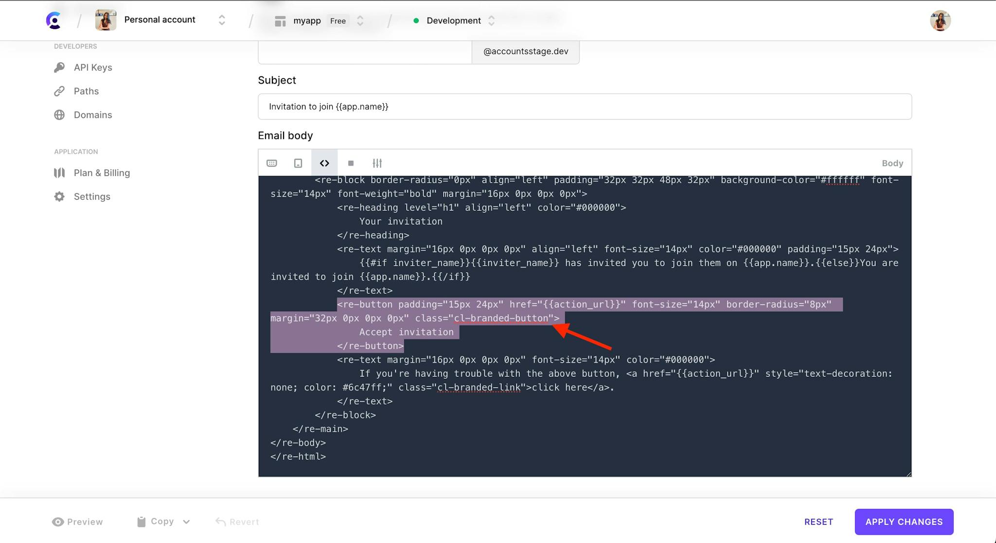 The 'Invitation' email template customization page. The 'email body' WSYIWG editor is toggled to HTML mode. There is a red arrow pointing to the 'cl-branded-button' class.