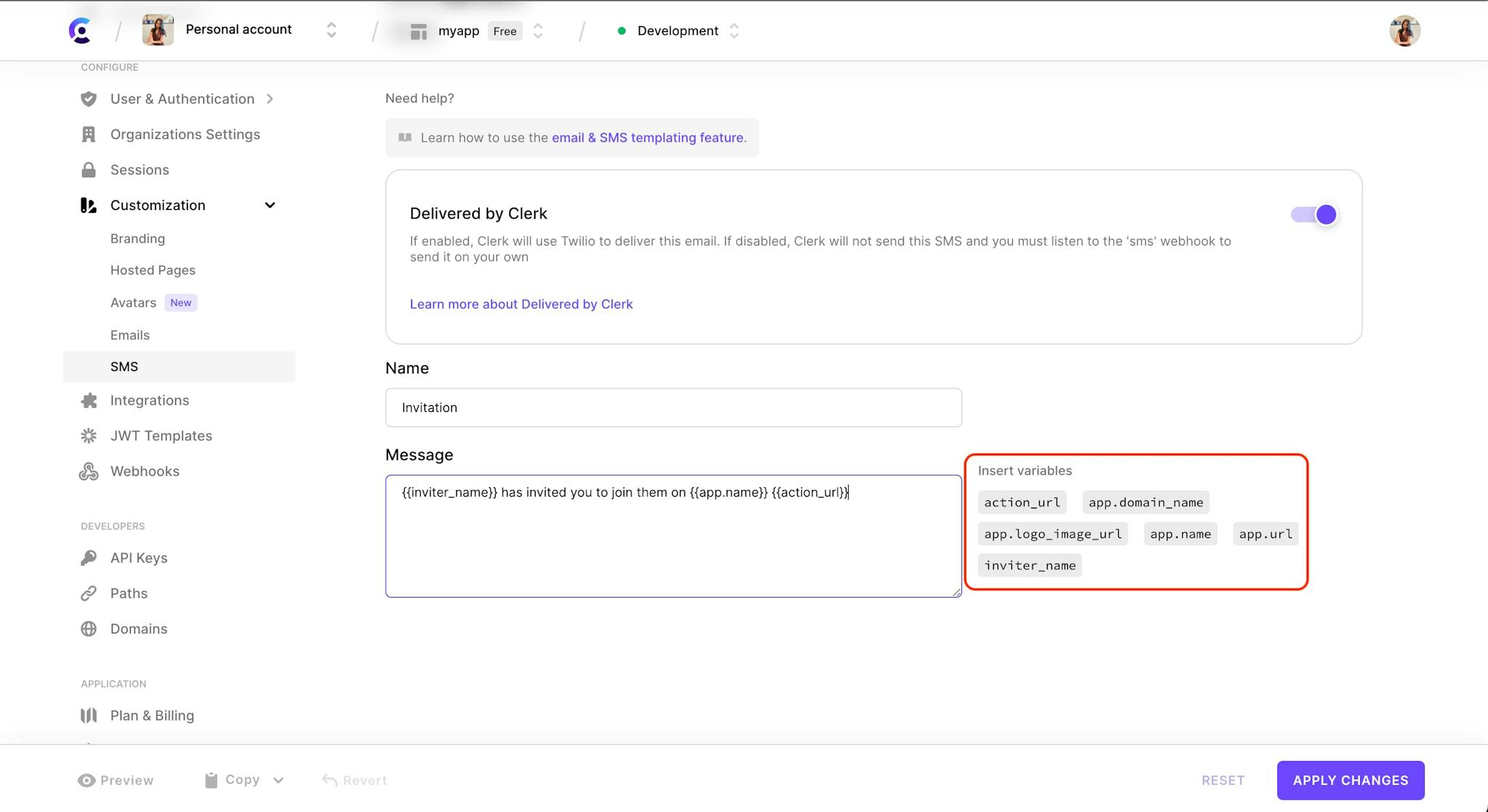 The 'Invitation' SMS template customization page. There is a red box around the 'Insert variables' section.