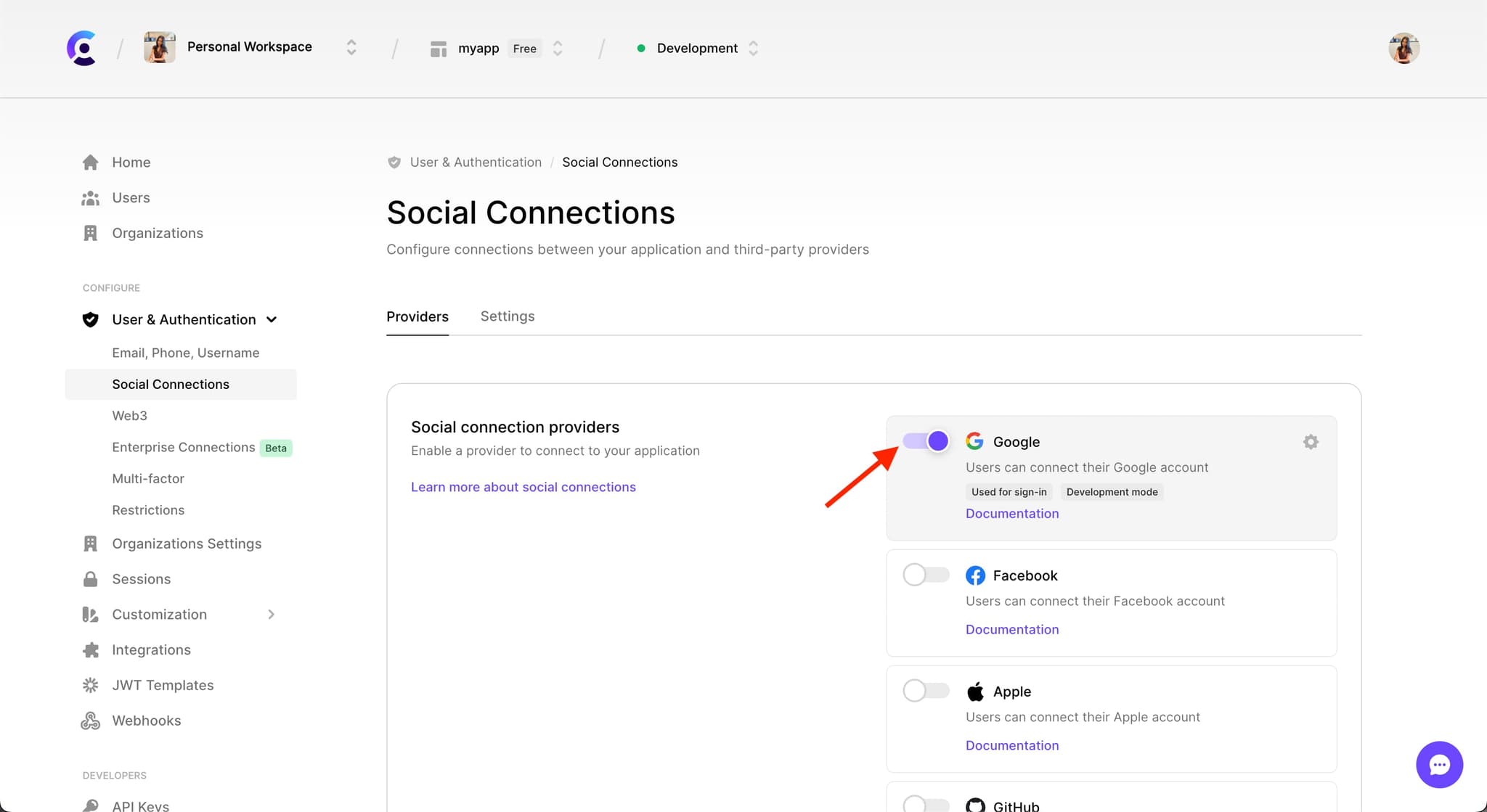 The 'Social Connections' tab under the 'User & Authentication' section with a red arrow pointing to the 'Google' toggle, which is toggled on.