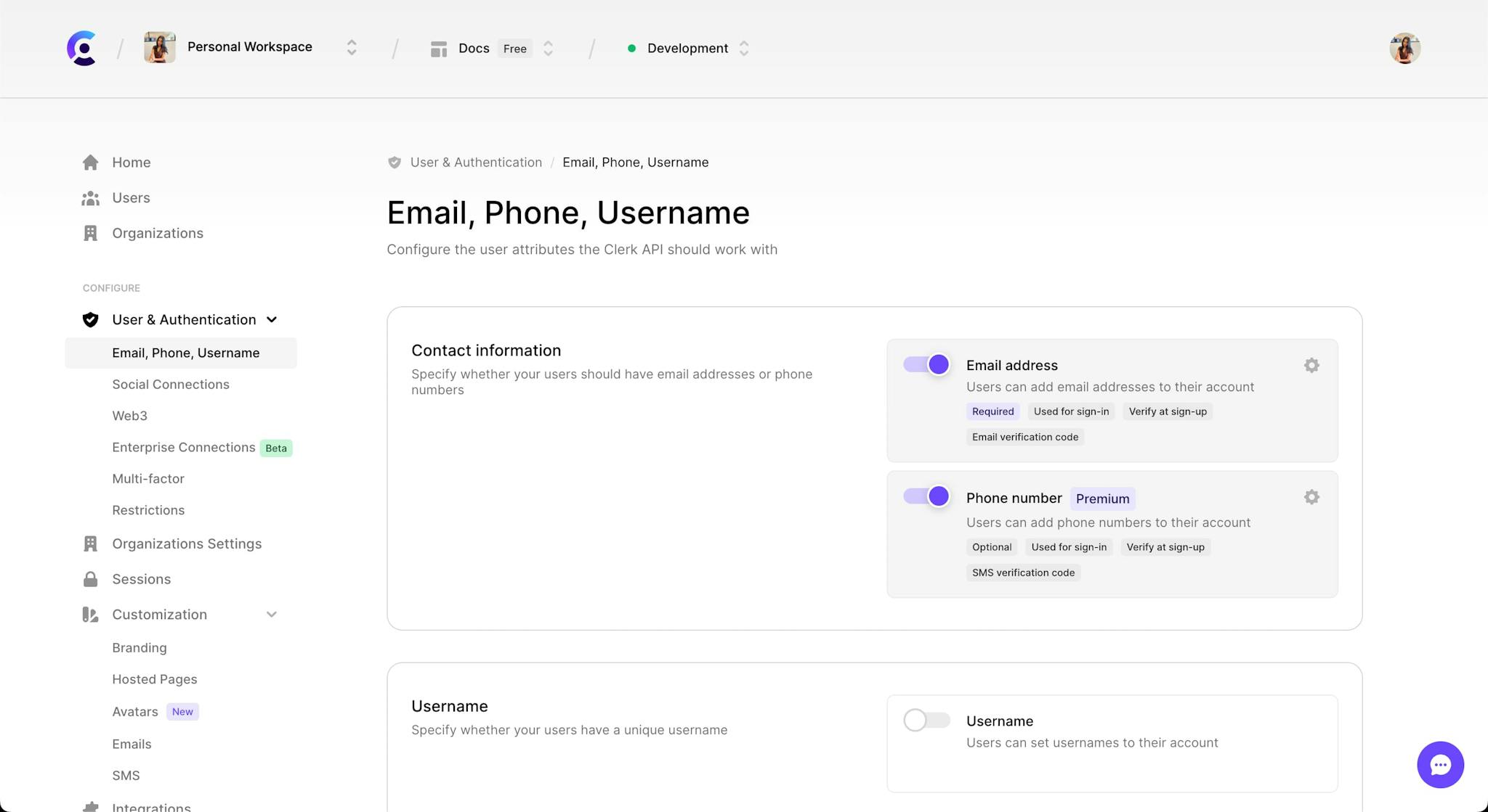 The 'User and Authentication' section of the Clerk Dashboard, which defaults to the 'Email, Phone, Username' tab.