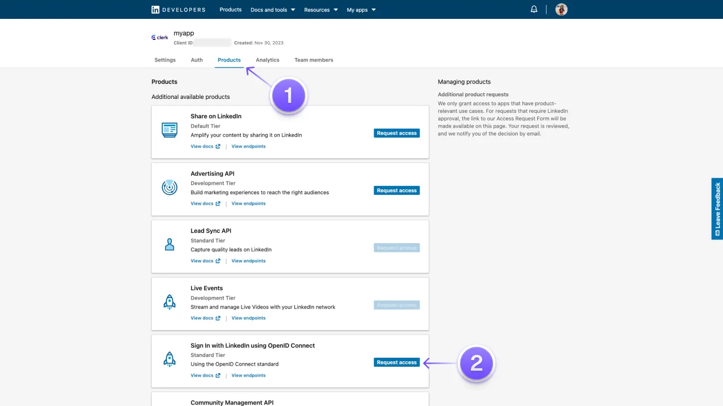 The 'Products' tab in the Linkedin Developer dashboard for a user's application. There is a red arrow with the number 1 pointing to the 'Products' tab and a red arrow with the number 2 pointing to the 'Request access' button on the 'Sign In with LinkedIn using OpenID Connect' product.