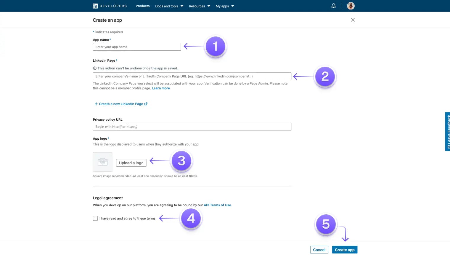 The 'Create new app' form in the Linkedin Developer portal.