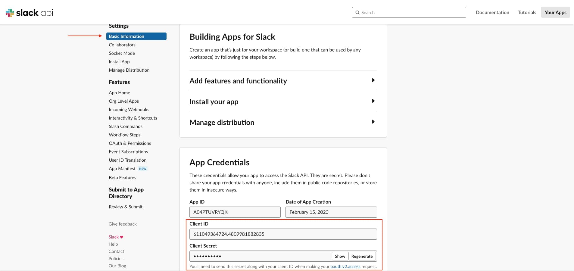 Copying values from the Slack dashboard