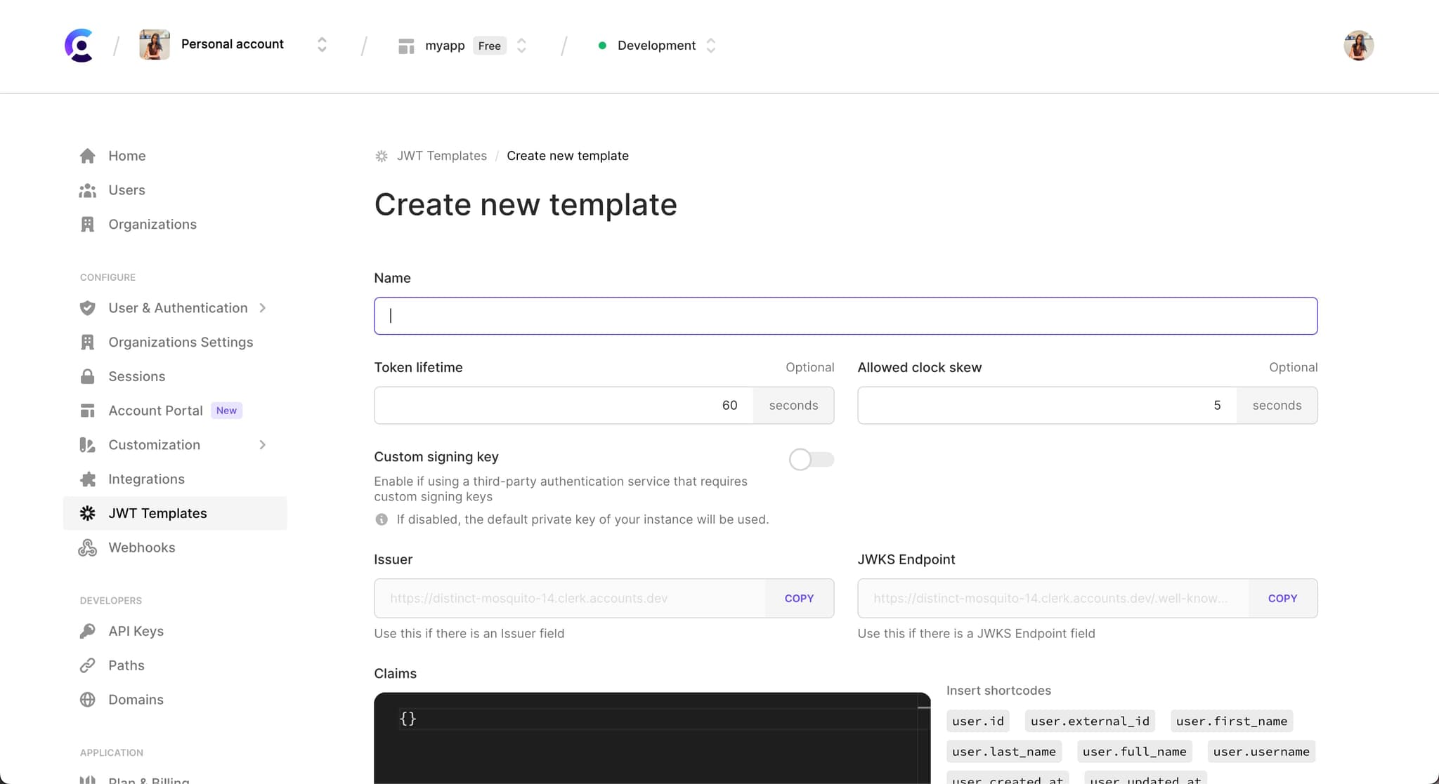 The 'JWT Templates' section of the Clerk Dashboard.