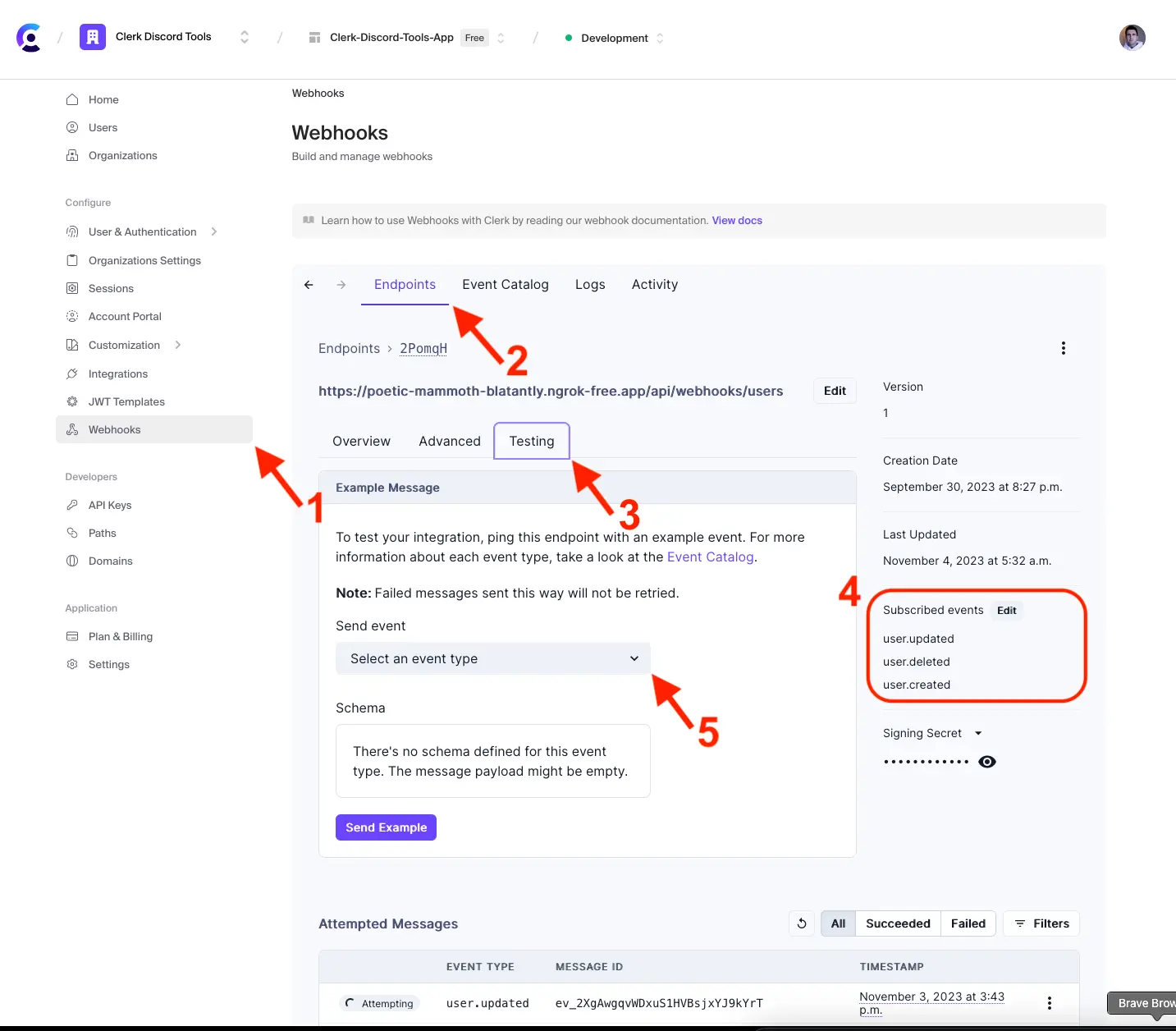 The Testing section of the Webhooks page in the Clerk Dashboard. The red arrows indicate how to navigiate to the section and select the event to test.